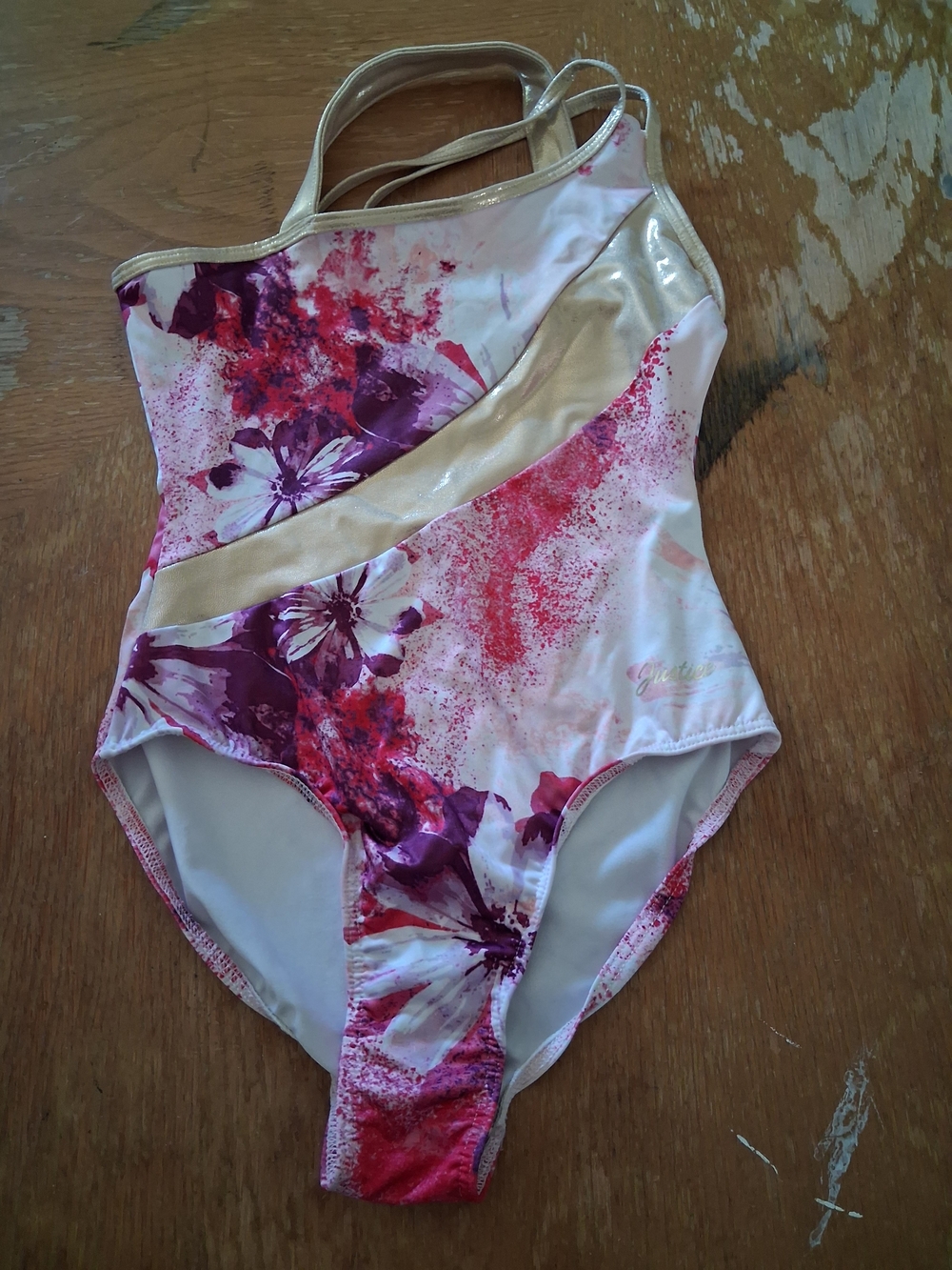 Justice Pink and Purple Floral Swimsuit with Gold Trim